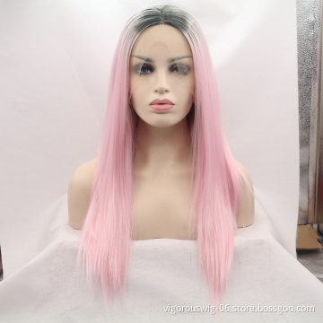 Vigorous pink ombre long straight premium high quality wholesale black women synthetic hair wigs with lace front